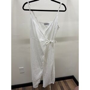 LJC Designs White 100% Linen Wrap Midi Dress Adjustable Straps Womens SM